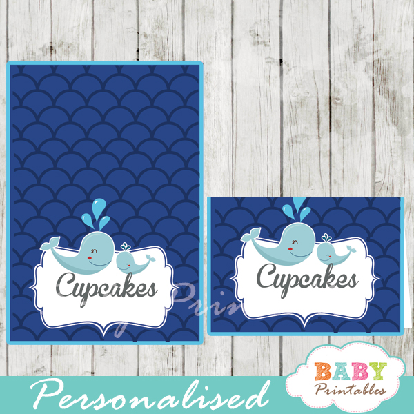 printable navy blue scallop pattern whale custom food label cards