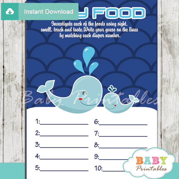 printable whale baby shower games blind tasting baby food