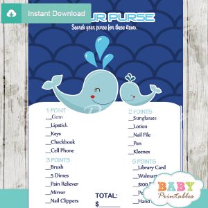 whale what's in your purse baby shower game printable