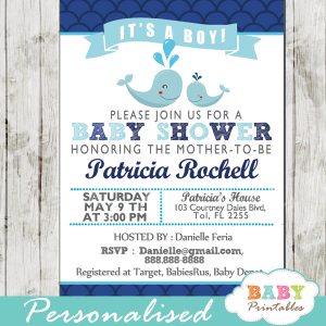 printable navy blue scallop pattern whale baby shower invitations for boys