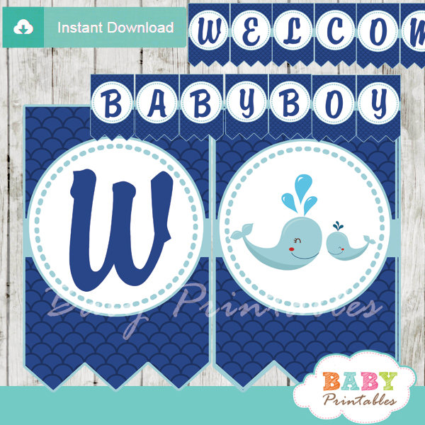 printable navy blue scallop pattern whale welcome boy baby shower banner decoration