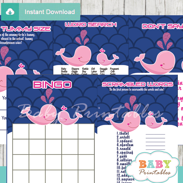 printable pink whale baby shower games package
