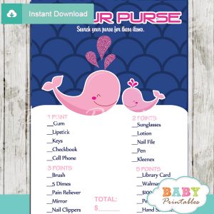 whale what's in your purse baby shower game printable