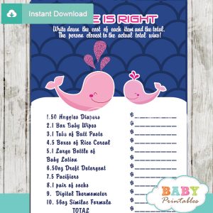 whale Price is Right Baby Shower Games printable pdf