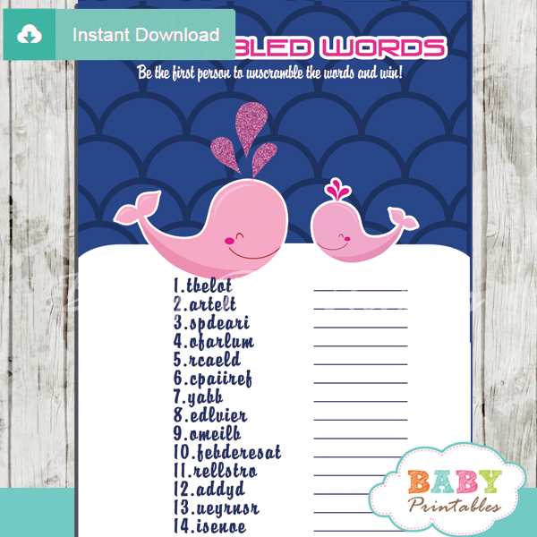 whale printable baby shower unscramble words game