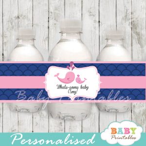 personalized navy blue scallop pattern whale baby shower bottle wrappers diy