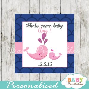 printable navy blue scallop pattern custom whale baby shower favor tags