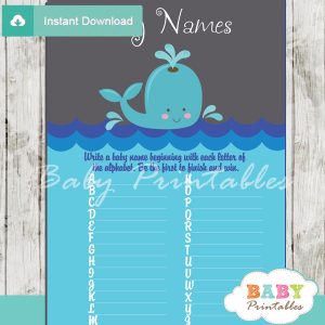 printable whale Name Race Baby Shower Game cards