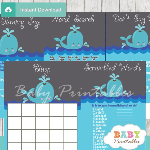 blue and grey printable whale baby shower games package