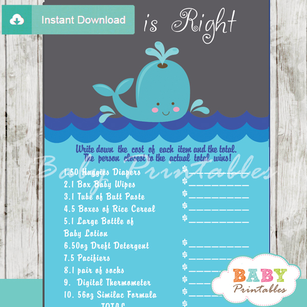 whale Price is Right Baby Shower Games printable pdf