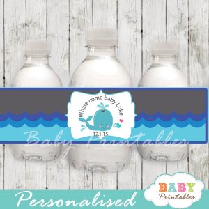 blue and grey personalized whale baby shower bottle wrappers diy