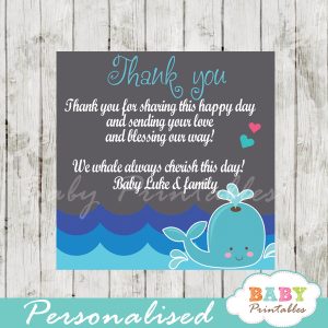 blue and grey printable custom whale baby shower favor tags