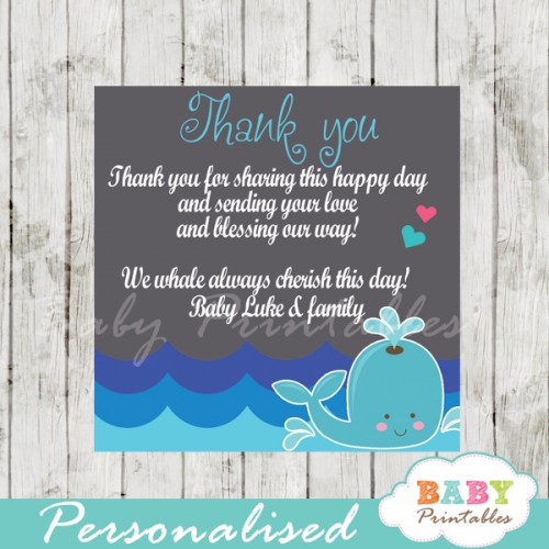 Blue & Gray Whale Baby Shower Square Labels - D185 - Baby Printables