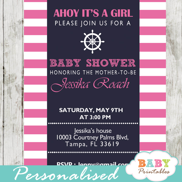 printable navy and pink nautical stripes baby shower invitations for girls