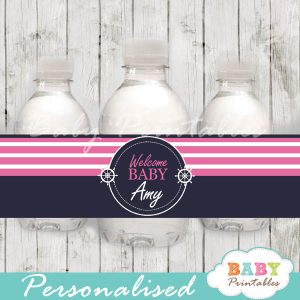 navy and pink personalized nautical baby shower bottle wrappers diy