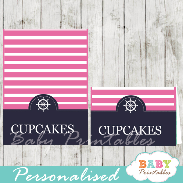 navy and pink printable nautical personalized food label cards