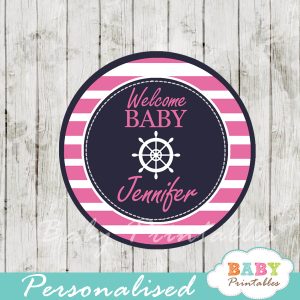 personalized navy and pink nautical baby shower cupcake toppers
