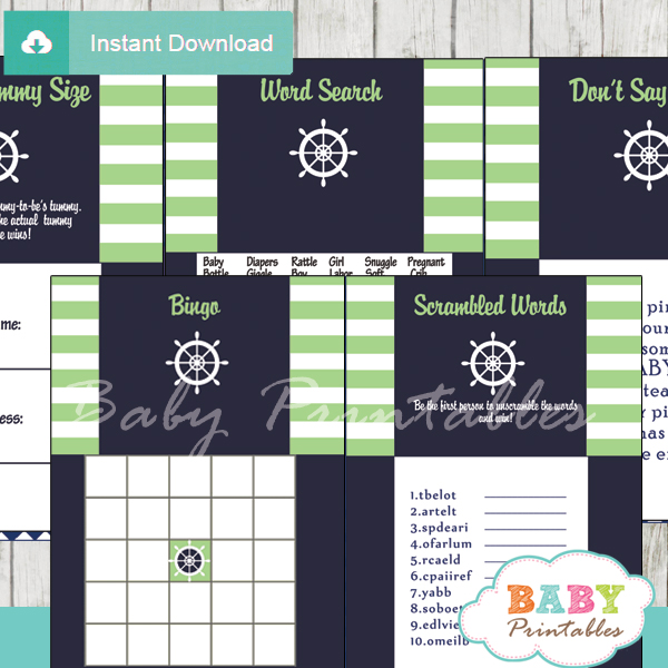 navy and lime green printable nautical striped baby shower games package