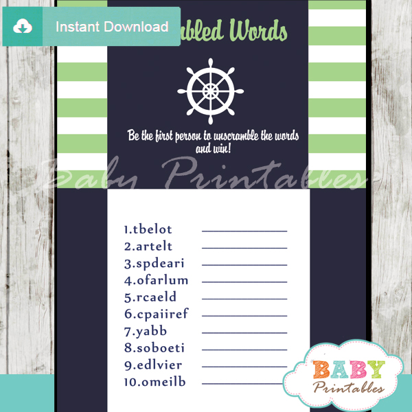 nautical stripes printable baby shower unscramble words game