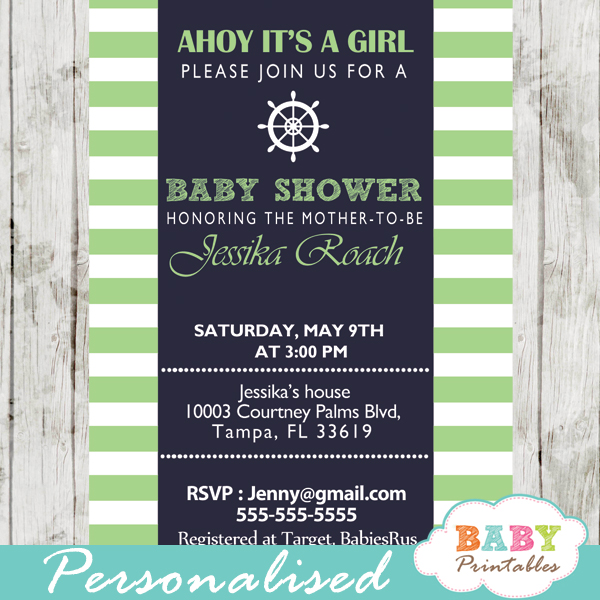 printable navy and green nautical stripes baby shower invitations for girls