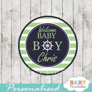 personalized navy and green nautical baby shower cupcake toppers