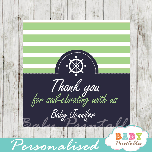 navy and lime green printable custom nautical helm baby shower favor tags