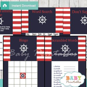 navy and red printable nautical striped baby shower games package