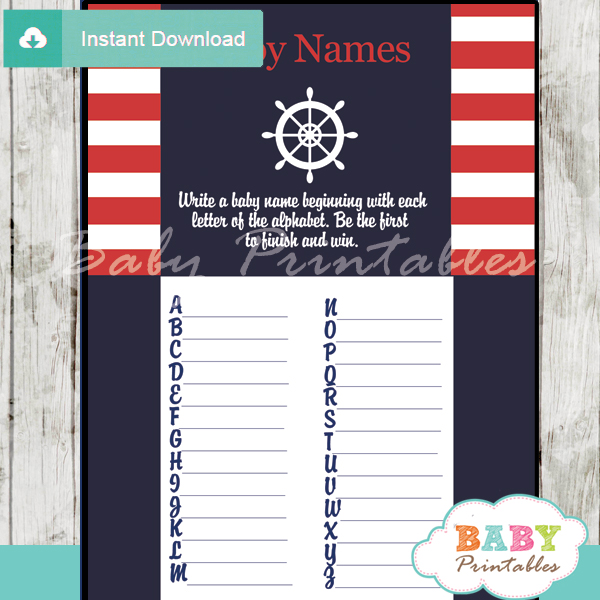 printable nautical stripes Name Race Baby Shower Game cards