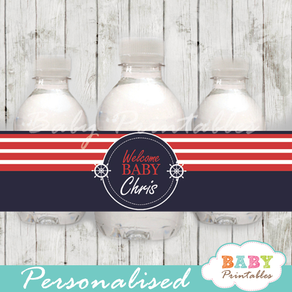 navy and red personalized nautical baby shower bottle wrappers diy
