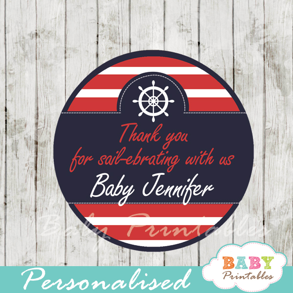 personalized navy and red nautical baby shower favor labels