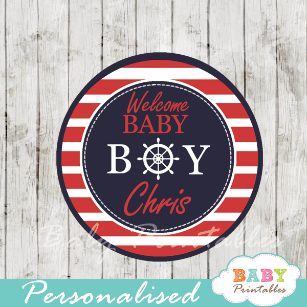 personalized navy and red nautical baby shower cupcake toppers
