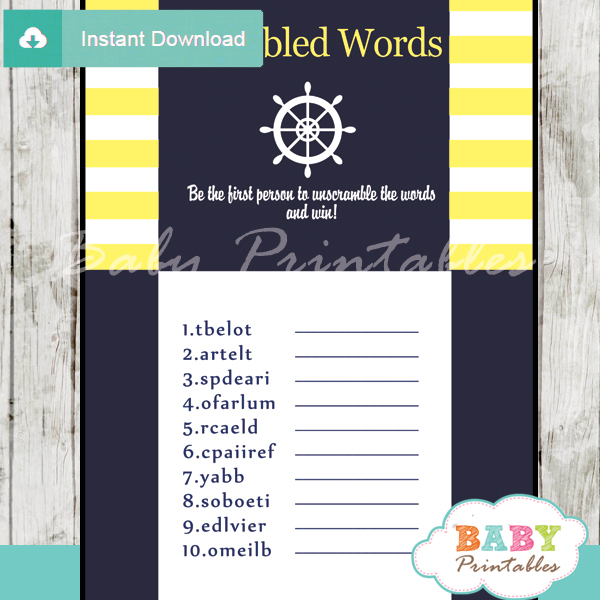 nautical stripes printable baby shower unscramble words game