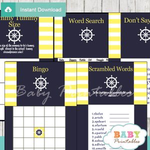 navy and yellow printable nautical striped baby shower games package
