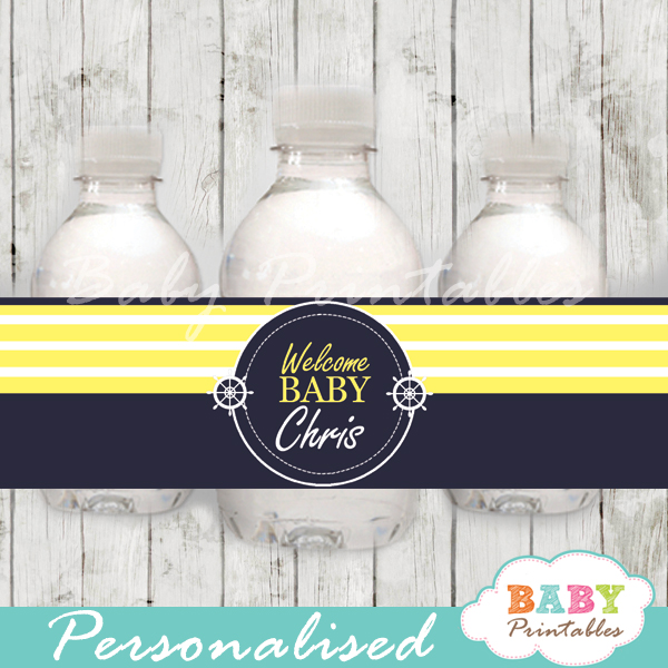 navy and yellow personalized nautical baby shower bottle wrappers diy