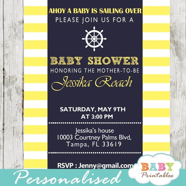 printable navy and yellow nautical helm baby shower invitations gender neutral
