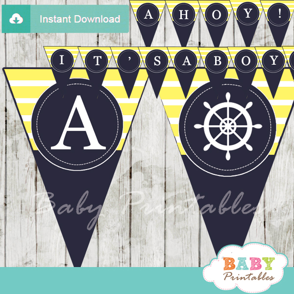 navy and yellow printable nautical stripes ahoy baby shower banner decoration personalized