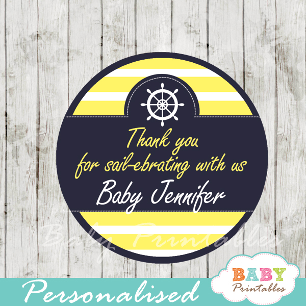personalized navy and yellow nautical baby shower favor labels