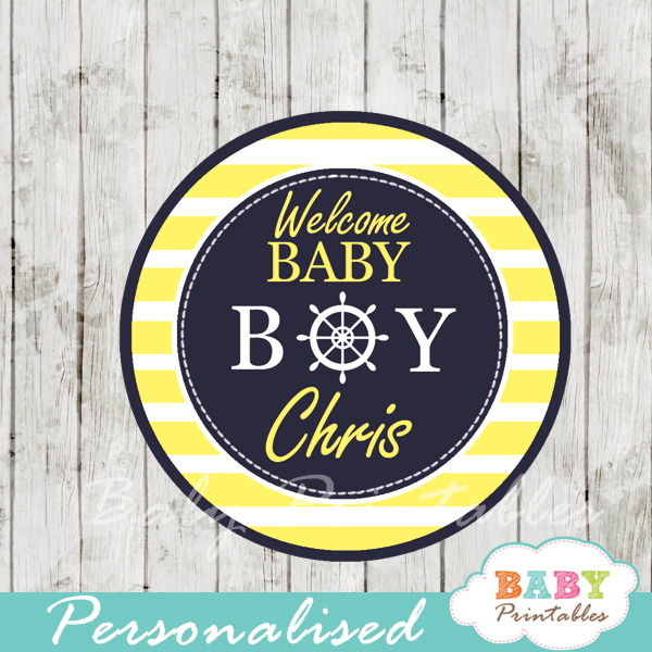 personalized navy and yellow nautical baby shower cupcake toppers
