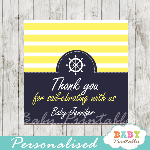 navy and yellow printable custom nautical helm baby shower favor tags