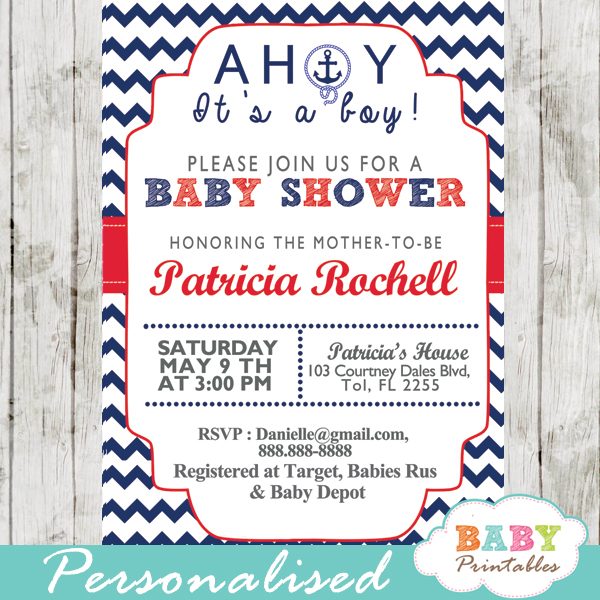 Navy Red Nautical Anchor Baby Shower Invitation D194 Baby