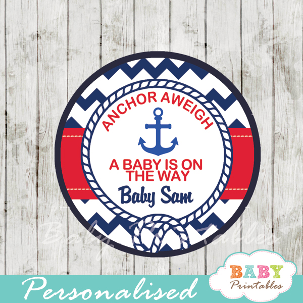 personalized navy and red nautical anchor baby shower favor labels