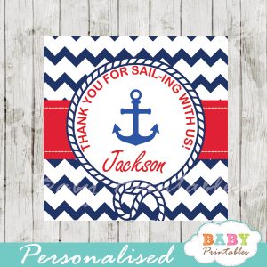 navy and red printable custom nautical helm baby shower favor tags