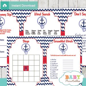 navy and red printable nautical anchor baby shower games package