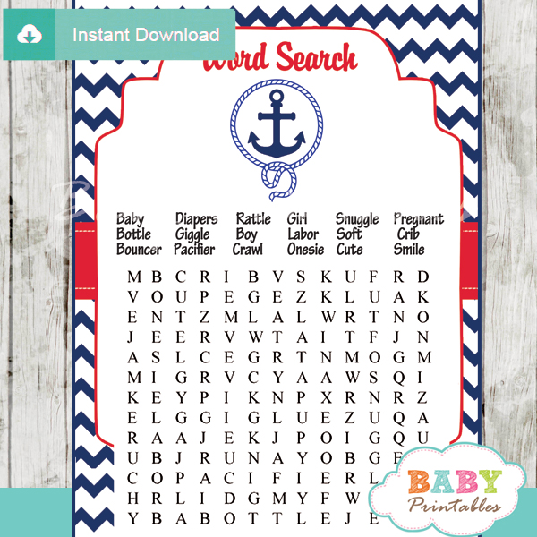 Nautical Baby Shower Games Word Search Cards 