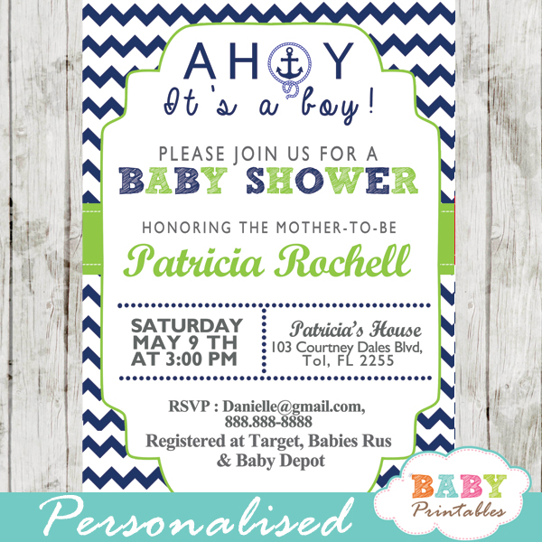 Navy Green Nautical Anchor Baby Shower Invitation D195 Baby