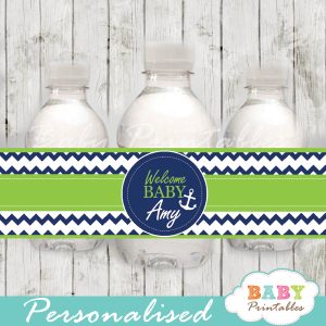 blue and green personalized nautical baby shower bottle wrappers diy