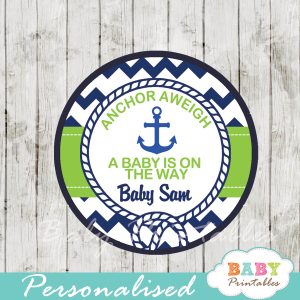 personalized navy and green nautical anchor baby shower favor labels