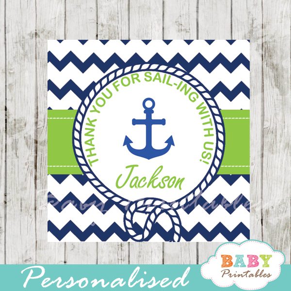 Navy Green Nautical Anchor Baby Shower Square Labels D195