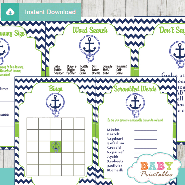 navy and green printable nautical anchor baby shower games package