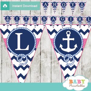 blue and pink printable nautical anchor baby shower banner decoration personalized